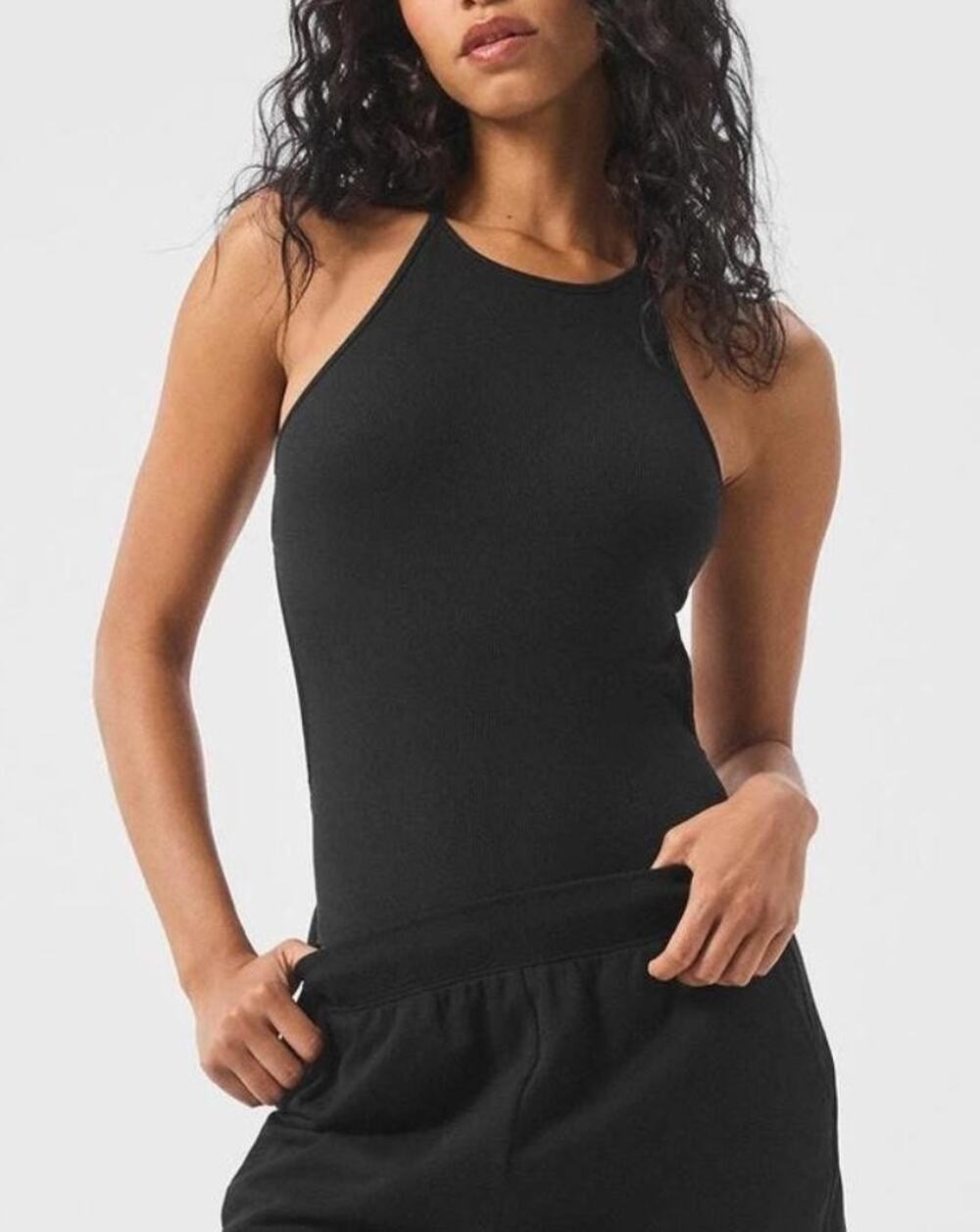 Alo Yoga Ribbed High Neck Open Back Bodysuit Size S/M Black Racerback Workout